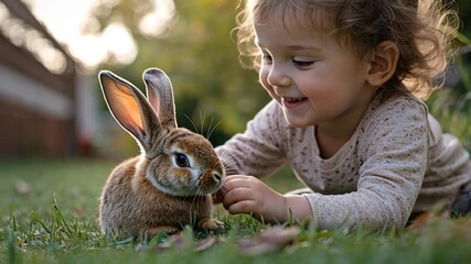 Happy toddler girl gently petting a brown rabbit in a green grassy garden. Soft sunlight illuminates the scene - Powered by Adobe