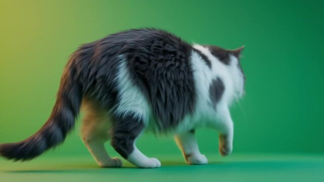 A sideways-facing photorealistic 3D cat model with thick black and white fur patterns, posed alert on a vibrant green gradient backdrop.