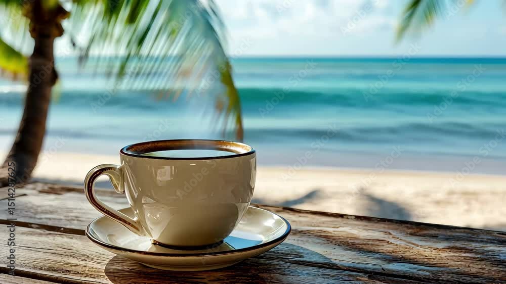 Poster enjoying coffee by the sea at a rustic table with a serene ocean view, coffee cup on a rustic table 