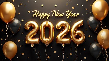 Elegant Happy New Year 2026 Celebration with Golden and Black Balloons