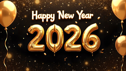 Festive 2026 Happy New Year Celebration with Golden Balloons and Sparkling Confetti
