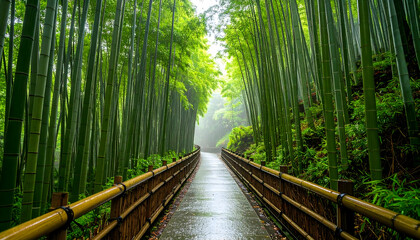 Obraz premium Enchanted Bamboo Forest Path Rain-Kissed Serenity