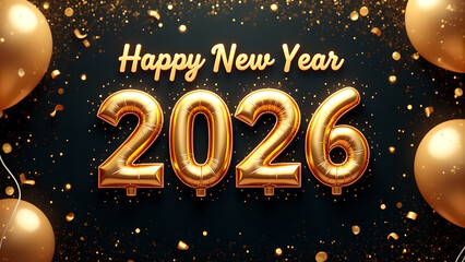 Festive 2026 New Year Celebration with Golden Balloons and Confetti Design