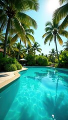 Fototapeta premium Crystal-clear pool, sunlit palms, gentle breeze whispers , luxury, swimming, lush