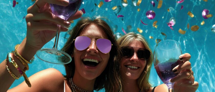 Two women celebrating in a pool - Powered by Adobe