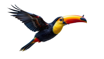 Colorful toucan in flight showcasing vibrant feathers and striking beak against a transparent background