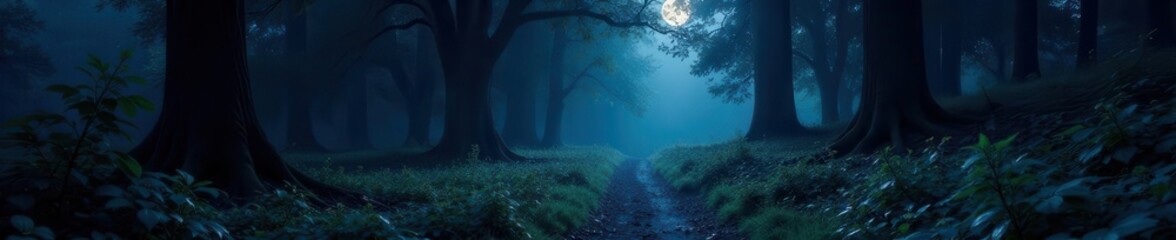 Obraz premium Dark forest path; moonlit canopy, glowing flora, ambience, fantasy