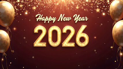 Festive golden balloons and glowing 2026 numerals heralding a happy new year celebration
