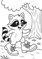 Coloring book raccoon wearing boots strides cheerfully through a forest,