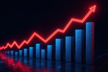 Dynamic Financial Growth Chart with Red Arrow and Blue Bars on Dark Background Illustration