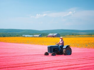 Obraz premium Farmer on tractor in colorful field