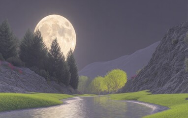 Night landscape with full moon