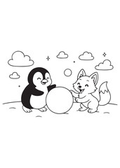 Coloring book penguin and a happy fox smiling and making a snowball together in a snowy landscape.
