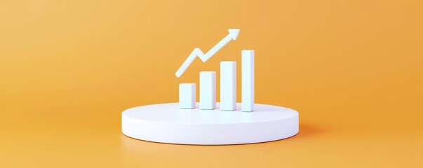Minimalist bar graph with an upward arrow on a white pedestal against an orange background symbolizes growth and success.