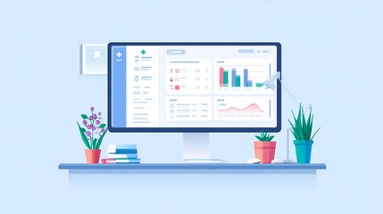 Illustration of health dashboard on computer screen showcasing data analysis and insights
