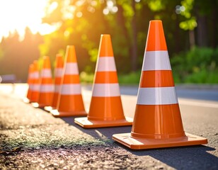 Traffic cones lined up on asphalt