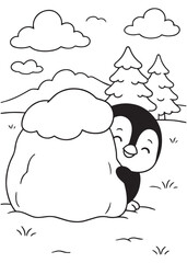 Coloring book penguin peeking happily from behind a snowy mound in a winter landscape with pine trees