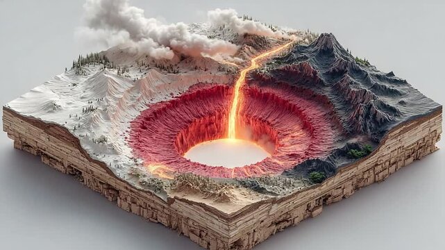 Cross-section of a Volcano with Flowing Lava and Smoke, Geographical Land Feature