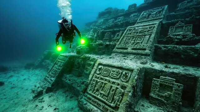 Submerged ancient ruins, underwater exploration.  Diver with lights exploring a submerged Mayan city