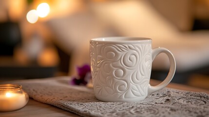 Obraz premium A white coffee mug with intricate steam patterns white lounger blurred in the background