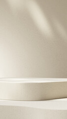 3D podiums with abstract shapes and stone textures in a minimalist beige setting. Ideal for product display, branding mockups, or luxury presentations with soft light and elegant shadows.