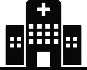 Clean black and white silhouette illustration of a hospital building with a prominent cross symbol healthcare and medical icon vector