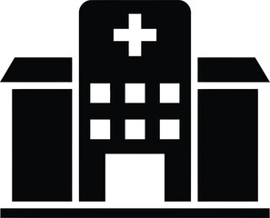 Obraz premium Black and white illustration of a hospital building with a cross symbol representing healthcare medicine and medical facilities.