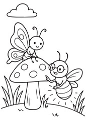 Coloring book butterfly sitting on a spotted mushroom and talking to a glowing firefly wearing glasses.