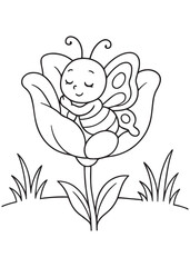 Coloring book butterfly with closed eyes sleeping peacefully inside a large blooming flower. 