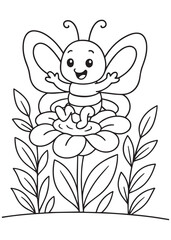 Coloring book butterfly with open wings sitting on a large blooming flower amidst green leaves