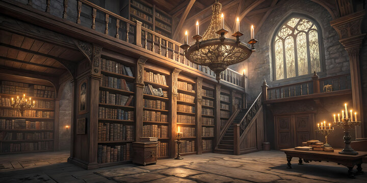 medieval castle library interior with wooden shelves, old books, candle chandelier