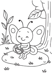 Coloring book butterfly sitting on a mushroom and holding a small basket in a magical forest.