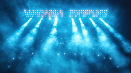 Obraz premium The electrifying energy of a stadium show illuminating the night with vibrant spectacle with blue spotlights and hazy