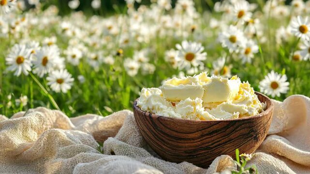 Butter in a wooden bowl placed on cloth surrounded by blooming white flowers in a sunny field, Bowl of butter on cloth in field white flowers during daytime