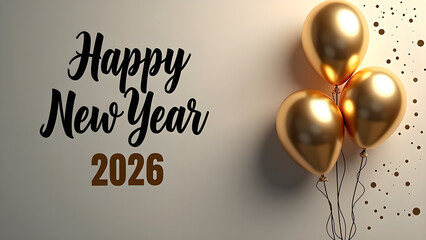 Elegant happy new year 2026 celebration with golden balloons and confetti background