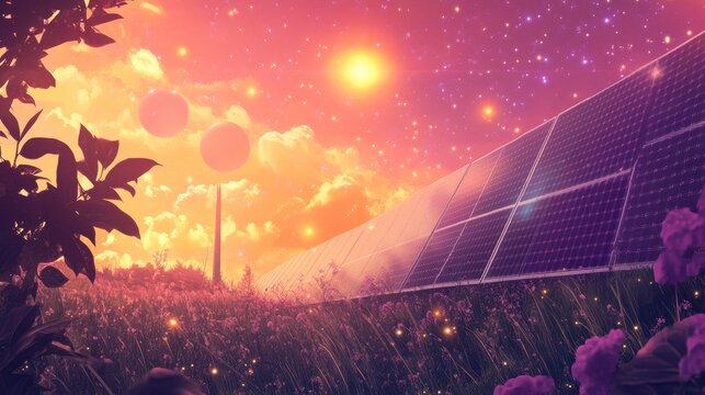 Broad solar power field fading into distance under a radiant sky filled with orange and violet layers