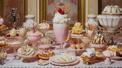 An ultra detailed royal feast table with a milkshake centerpiece