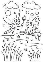 Coloring book dragonfly giving a bubble wand to a smiling  frog by a pond