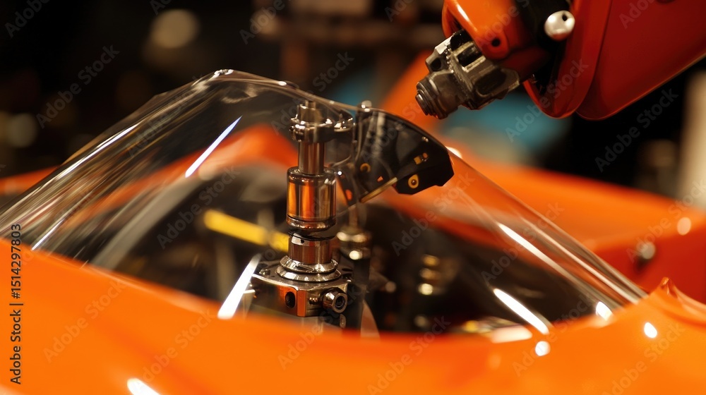 Poster close-up of robotic arm installing windshield onto car body in automated vehicle assembly line