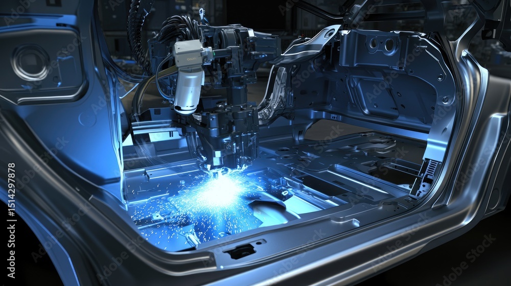 Poster close-up of robotic welder joining ev frame components in a precision assembly zone