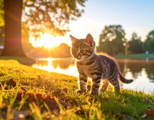 Cute kitten by pond at sunset
