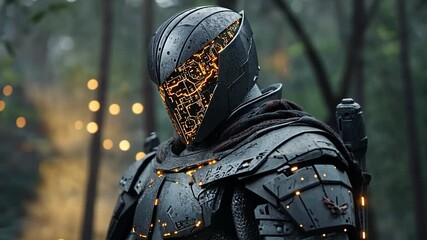 Dark futuristic warrior in illuminated armor stands in a forest.  Intense lighting, dramatic mood - Powered by Adobe