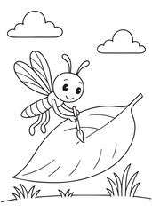 Coloring book dragonfly painting a leaf with a small brush, with clouds in the sky