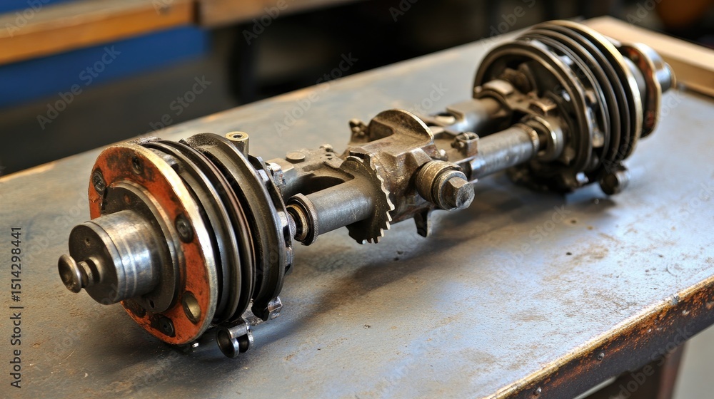 Poster differential and axle assembly shown on an engineering display table