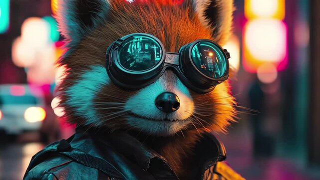 Futuristic red panda in goggles and leather jacket explores a vibrant urban landscape at night, A futuristic red panda wearing goggles and a leather jacket in a neon-lit city