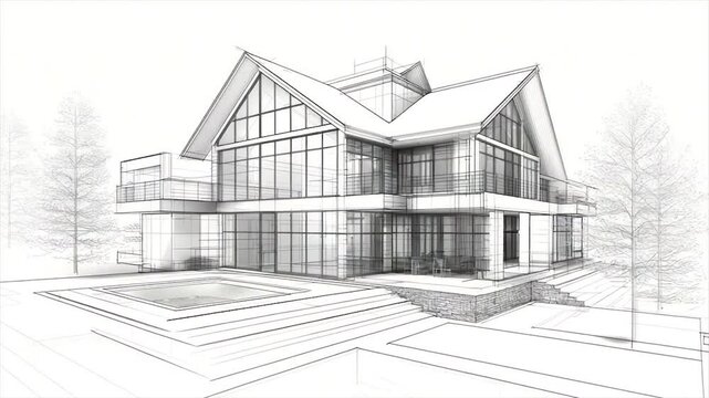 Architectural sketch of a modern home with a pool