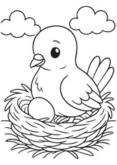 Coloring book pigeon sits in a nest with an egg under a cloudy sky. 
