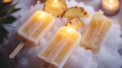 Artisan snow popsicles with fresh pineapple slices and glowing candles