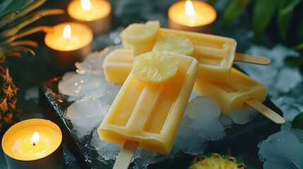 Artisan snow popsicles with fresh pineapple slices and glowing candles