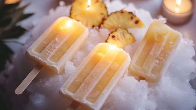 Artisan snow popsicles with fresh pineapple slices and glowing candles - Powered by Adobe